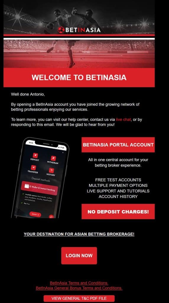 Registo na BetInasia email