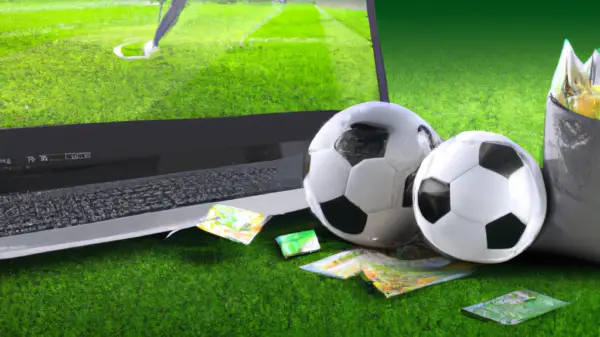 a laptop and football balls on grass - Os 5 melhores sites para Análises de estatísticas de futebol!